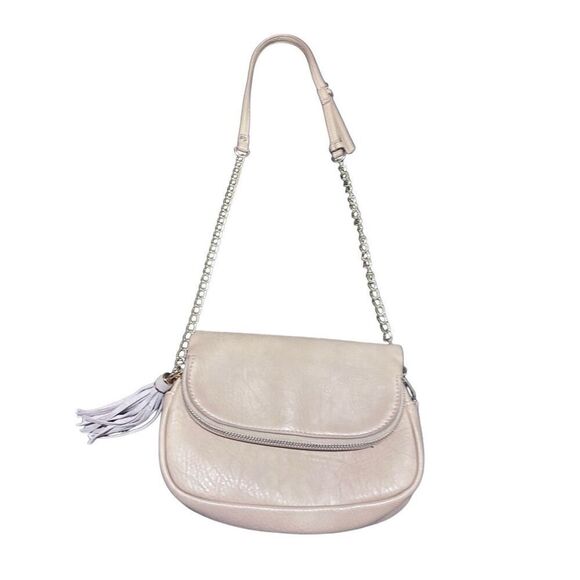 Moda Luxe Cross Body Bag Purse Adjustable Strap Beige Tan Front Zip Flap Gold Ch - Picture 1 of 12